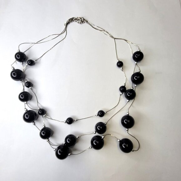 Vintage Black Bead Necklace Three Strand Chain Necklace with Black Bead Accents - Picture 3 of 6